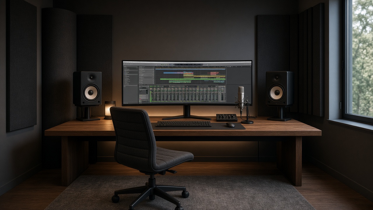 Dark treated control-room desk with ultrawide DAW, studio monitors, and measurement mic — empty workspace, no people